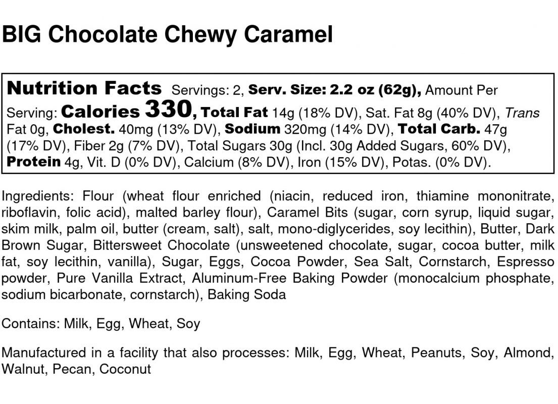 BIG Chocolate Chewy Caramel Cookie - Nutrition Label