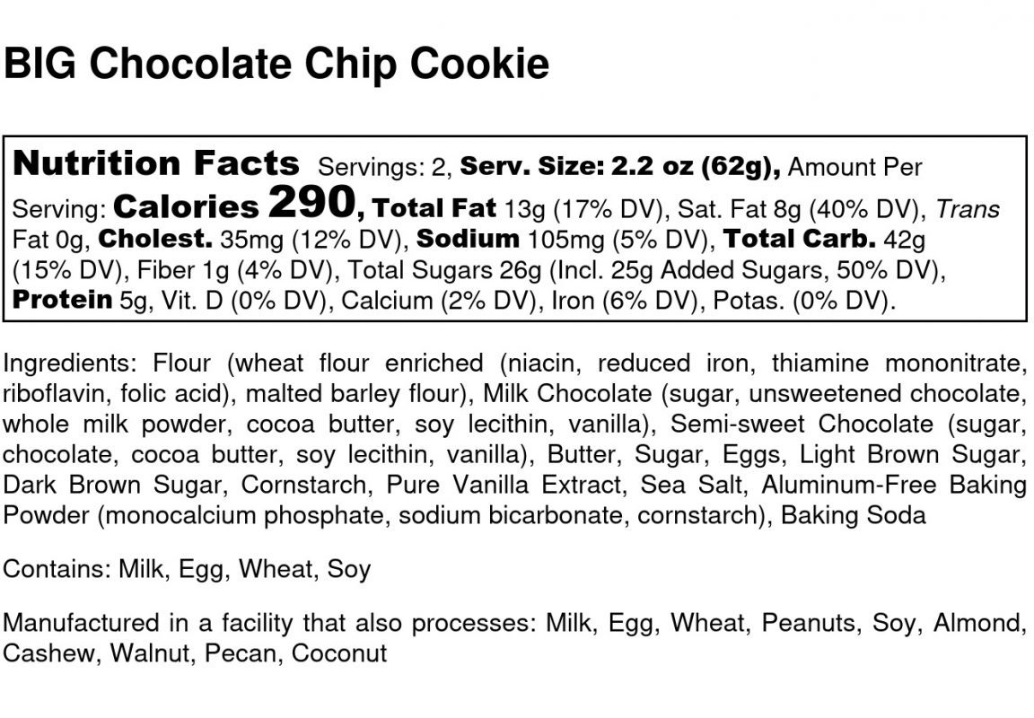 Big Chocolate Chip Cookie Nutrition Label