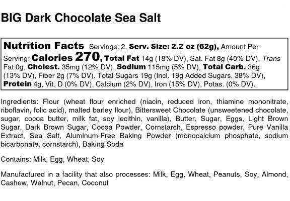 BIG Dark Chocolate Sea Salt Cookie - Nutrition Label