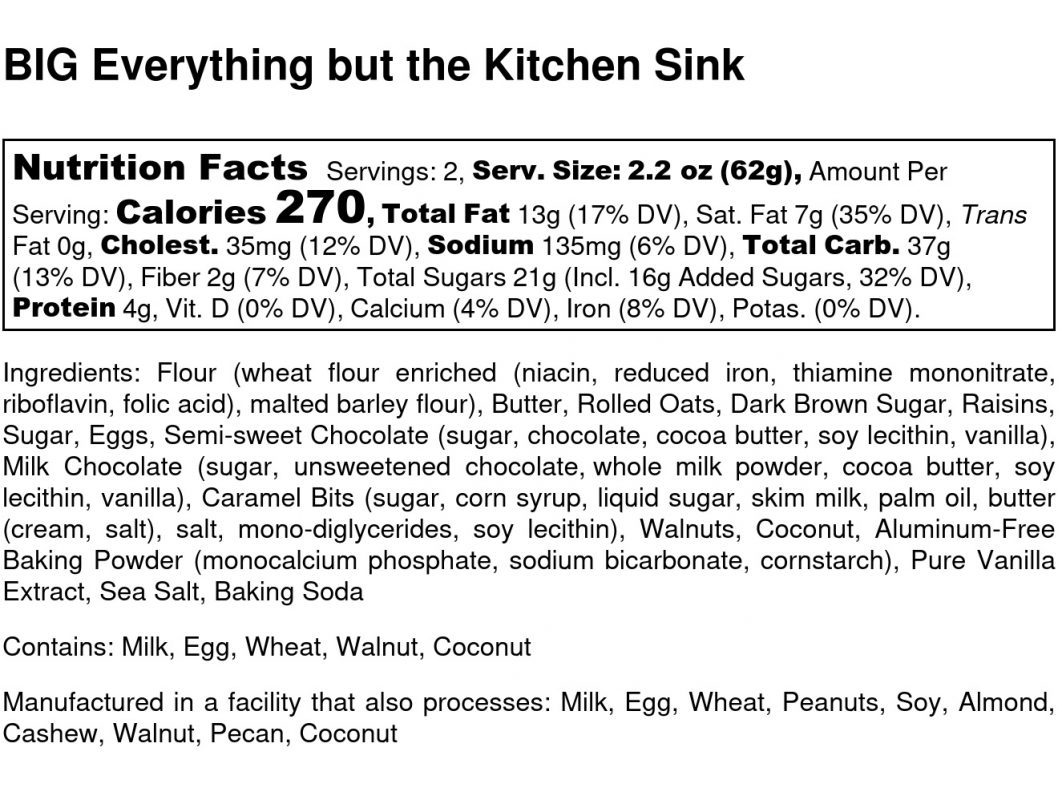 BIG Everything but the Kitchen Sink Cookie - Nutrition Label