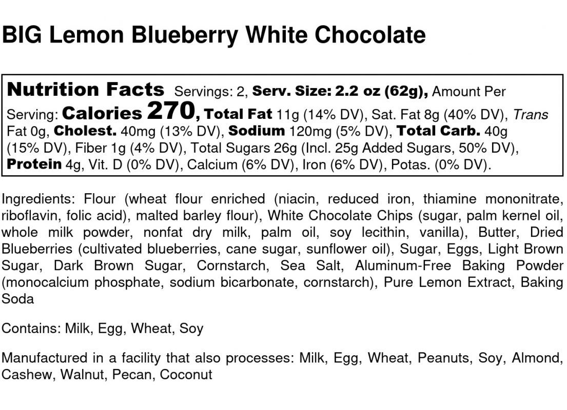 BIG Lemon Blueberry White Chocolate Cookie - Nutrition Label