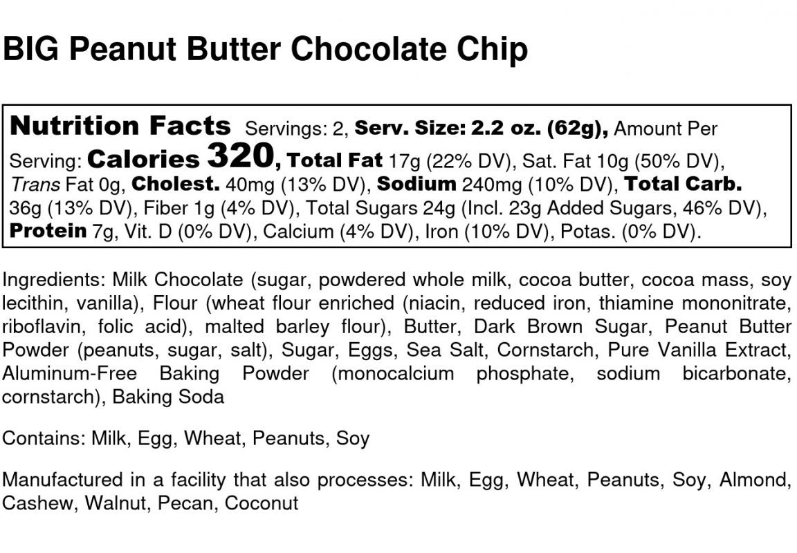 BIG Peanut Butter Chocolate Chip Cookie - Nutrition Label