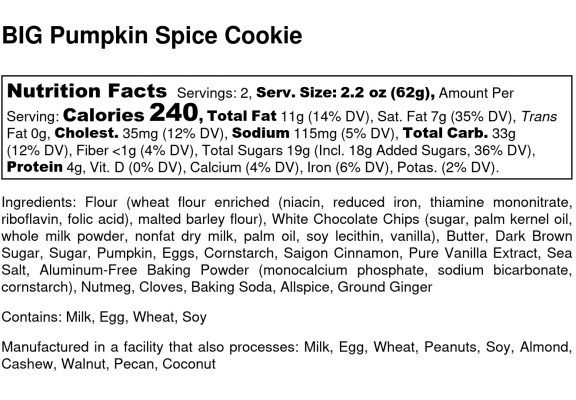 Nutrition Facts BIG Pumpkin Spice Cookie - Nutrition Label