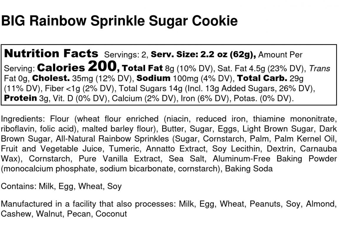 BIG Rainbow Sprinkle Sugar Cookie - Nutrition Label