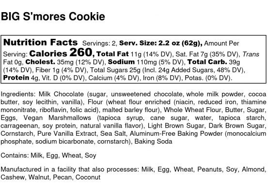 BIG Smores Cookie - Nutrition Label