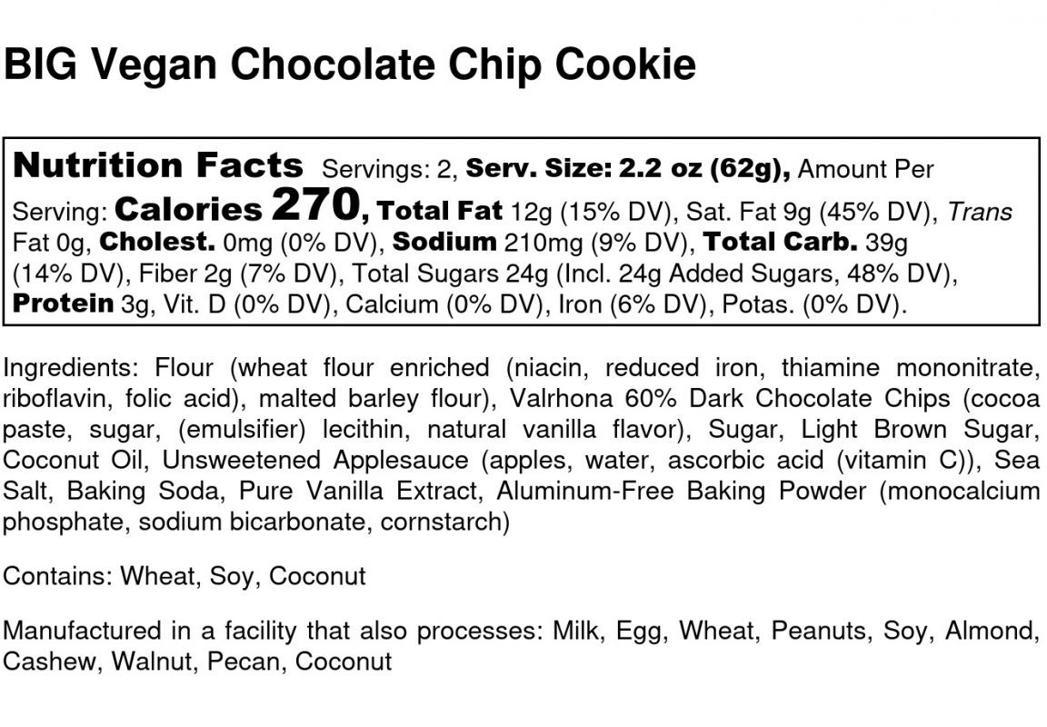 BIG Vegan Chocolate Chip Cookie - Nutrition Label