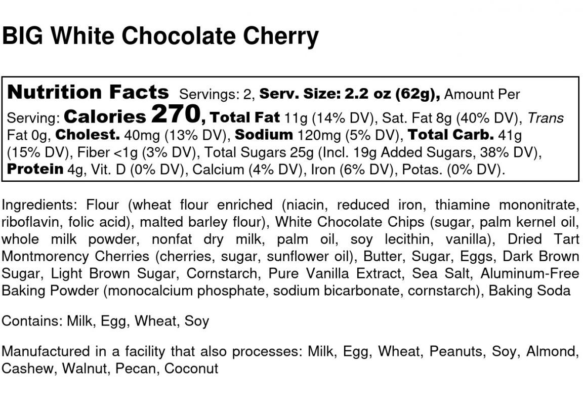 BIG White Chocolate Cherry Cookie - Nutrition Label