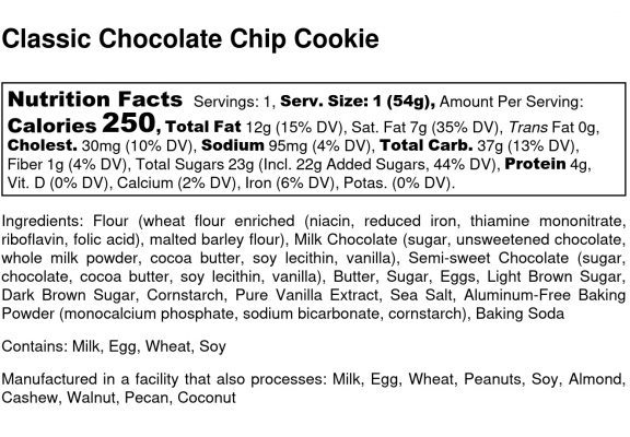 Classic Chocolate Chip Cookie - Nutrition Label