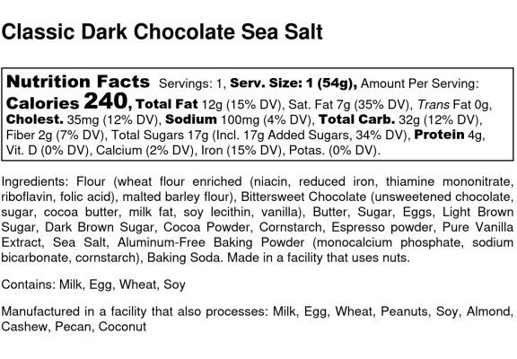 Classic Dark Chocolate Sea Salt Cookie Nutrition Label