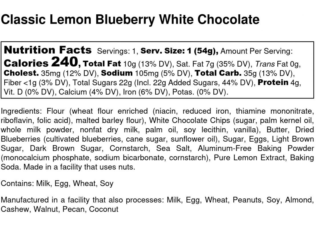 Classic Lemon Blueberry White Chocolate Cookie - Nutrition Label
