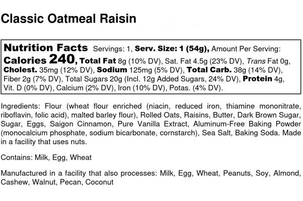 Classic Oatmeal Raisin Cookie - Nutrition Label