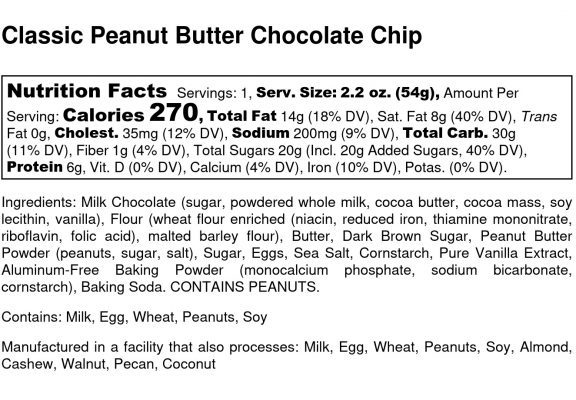 Classic Peanut Butter Chocolate Chip Cookie Nutrition Label