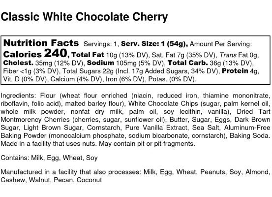Classic White Chocolate Cherry Cookie - Nutrition Label